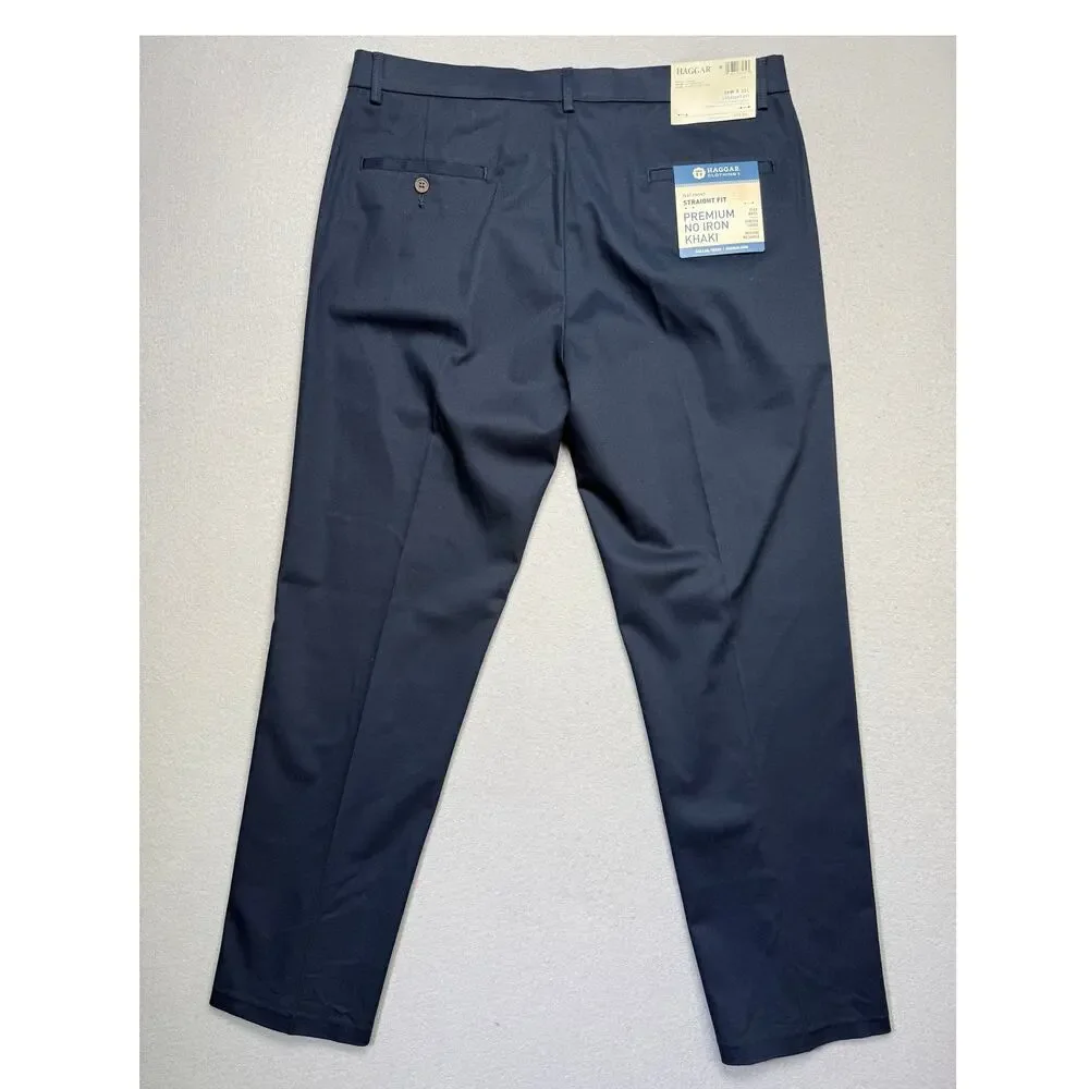 Haggar Men’s No Iron Straight-Fit Flat-Front Pants Dark Navy 36x32 $70